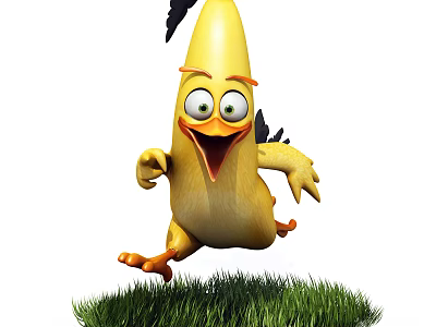 Yellow Chicken Doll Running on Green Grass with Big Eyes and Open Mouth 3d model