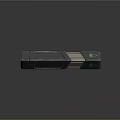 Sleek Metallic Electronic Device With Green Digital Panel And Leaf Logo Design