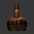 Red Pottery Sculpture With Intricate Carved Black Patterns And Traditional Handle Design