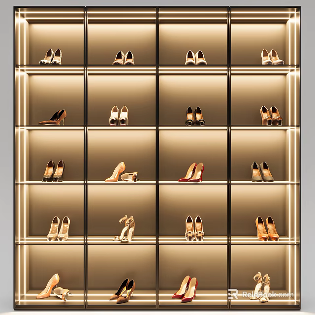Neatly Arranged Women's Shoes On Illuminated Shelves With Heels And Sandals 3d model 
