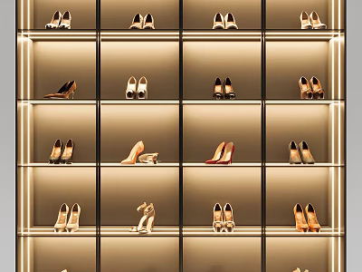 Neatly Arranged Women's Shoes On Illuminated Shelves With Heels And Sandals 3d model