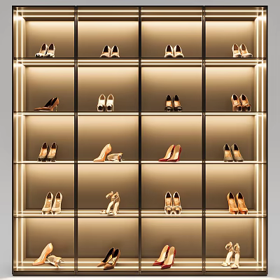 Neatly Arranged Women's Shoes On Illuminated Shelves With Heels And Sandals 3d model