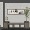 Traditional Chinese Figure Painting With Figures Landscape Hanging Wall Wooden Bench Table Lamp Bamboo Plant