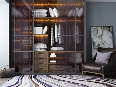 Modern Glass Door Wardrobe Design With Interior Lighting Storage Drawers Shelves And Hanging Space 3d model
