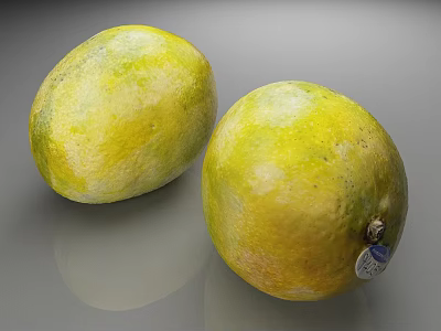 Two Ripe Mangoes Yellow Green Skin With Spots And Sticker On Gray Reflective Surface 3d model