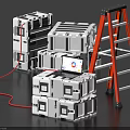 White Storage Boxes Stacked With Laptop Displaying Chart Orange Ladder And Red Cable 3d model