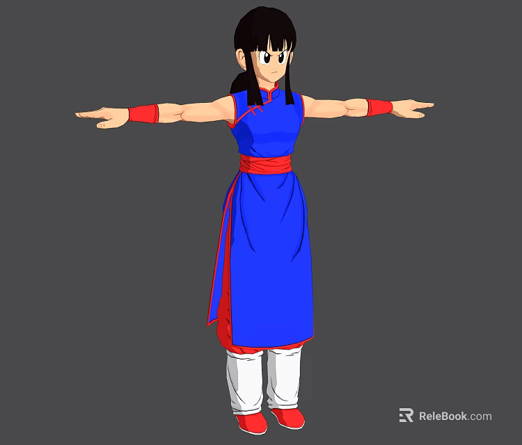 Game Movie Character In Blue Robe With Red Sash And Black Hair Arms Outstretched 3d model 