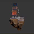 Red Multi Story Building Floating On Small Island With Windows And Decorative Details