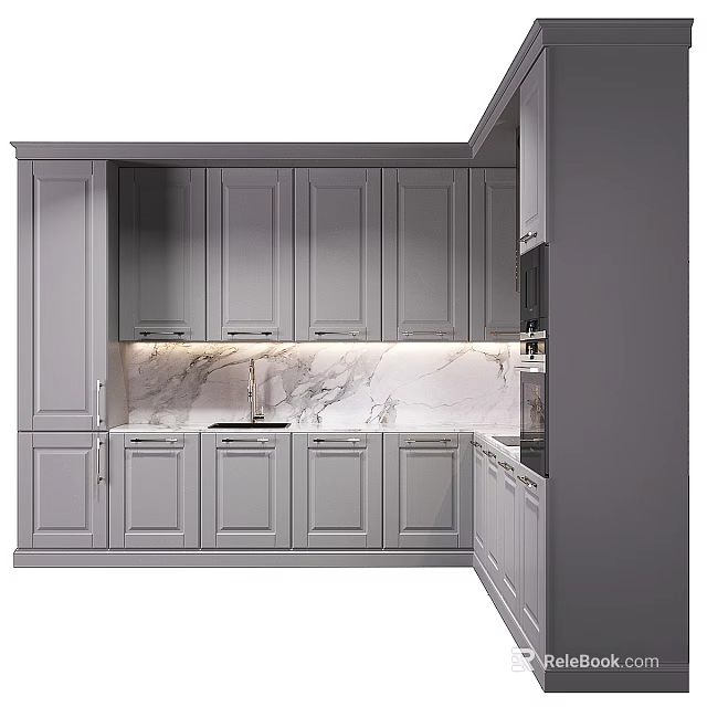 Elegant Gray Kitchen Cabinets With Marble Countertop Sink And Under Cabinet Lighting 3d model 