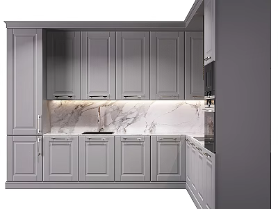 Elegant Gray Kitchen Cabinets With Marble Countertop Sink And Under Cabinet Lighting 3d model