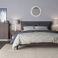 Double Bed with Nightstands Lamps Round Mirror in Bedroom Area Rug Wooden Floor Framed Painting