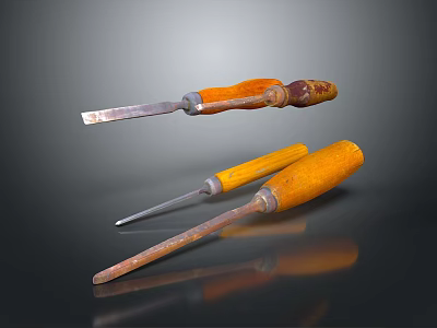 3D Rendered Hardware Tools Chisels With Wooden Handles And Rusty Metal Parts On Dark Background 3d model