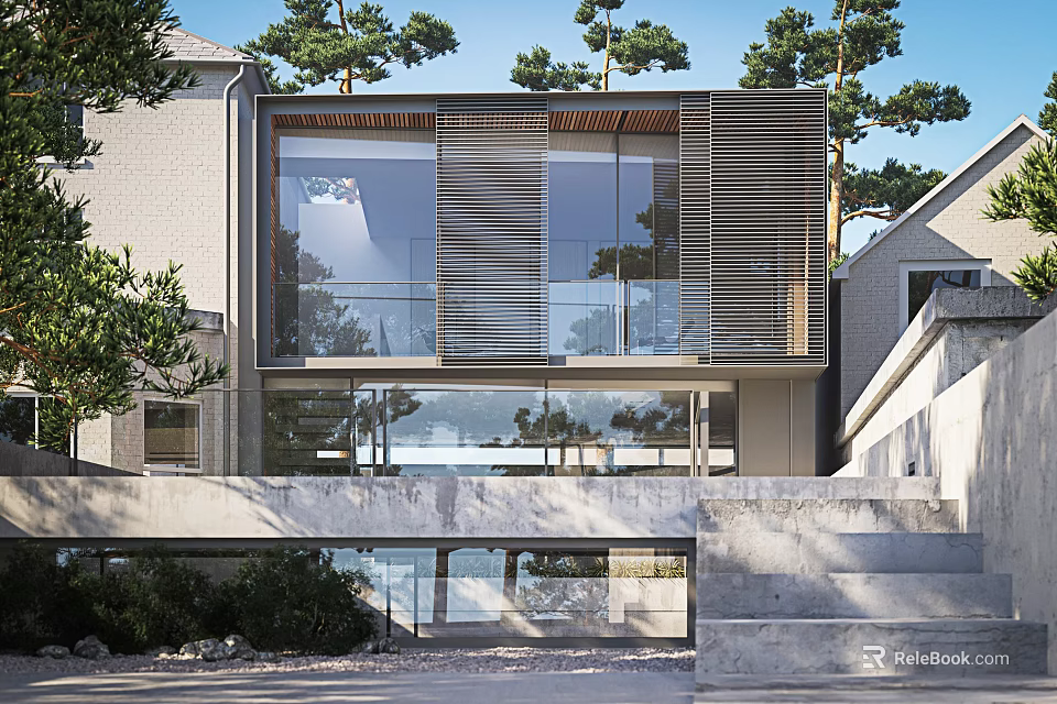 Modern Detached House Featuring Large Glass Windows Louvered Design Concrete Steps And Trees 3d model 