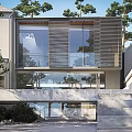 Modern Detached House Featuring Large Glass Windows Louvered Design Concrete Steps And Trees