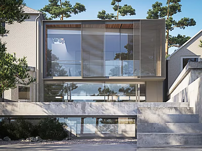 Modern Detached House Featuring Large Glass Windows Louvered Design Concrete Steps And Trees 3d model