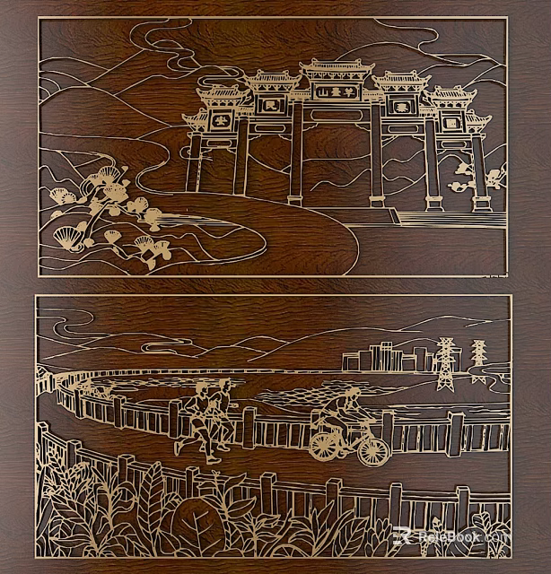 Chinese Traditional Wood Carving Artwork With Ancient Pavilion Landscape Figures And Bridge Design 3d model 