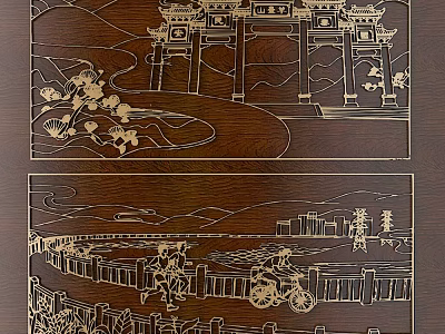 Chinese Traditional Wood Carving Artwork With Ancient Pavilion Landscape Figures And Bridge Design 3d model