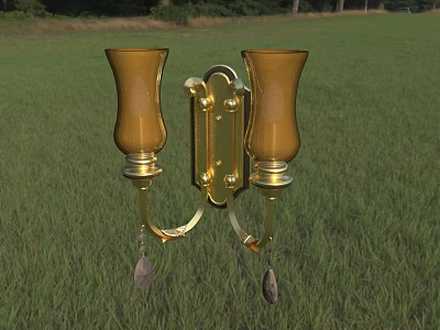 Double Yellow Glass Shade Wall Sconce With Gold Metal Frame And Hanging Pendants 3d model