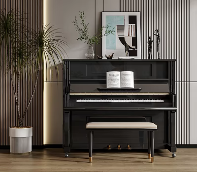 Stylish Piano And Framed Artwork In Modern Interior With Open Book And Potted Plant Decor 3d model