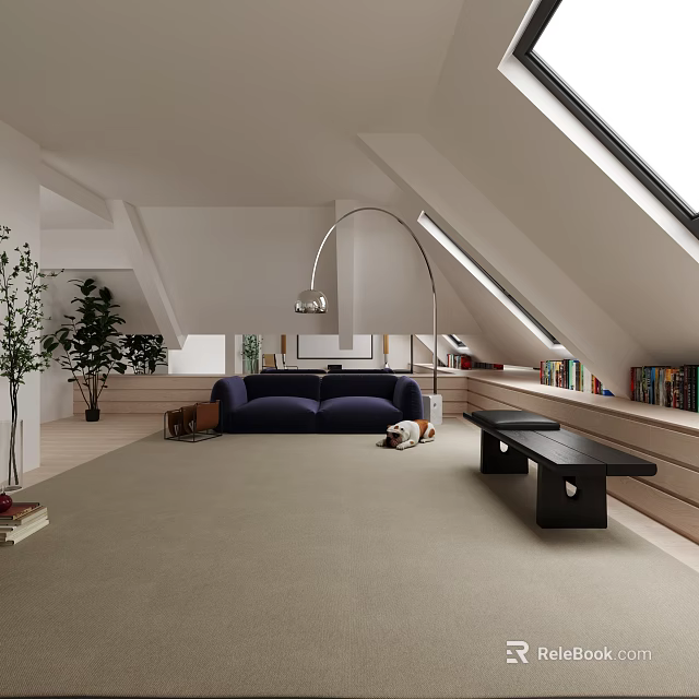 Modern Attic Entertainment Room With Sofa And Bookshelves 3d model 
