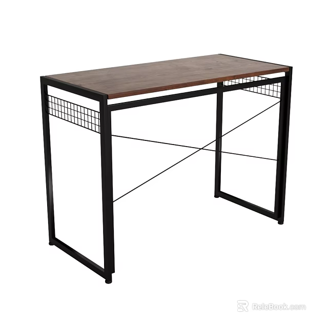 Stylish Dining Table With Wooden Tabletop And Black Metal Geometric Grid Frame 3d model 