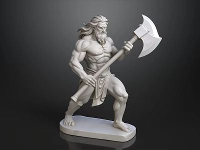 Muscular Male Mythological Sculpture With Long Hair Holding Large Axe On Base 3d model