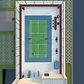 Rooftop Tennis Court With Green Surface White Lines Fencing Street Lamp And Yellow Ball