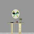 Modern Elegant Console Table With Black Top Golden Legs Green Plant And Decorative Painting