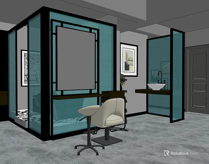 Beauty Salon Interior Design With Glass Partitions Large Mirrors White Salon Chair And Washbasin 3d model 