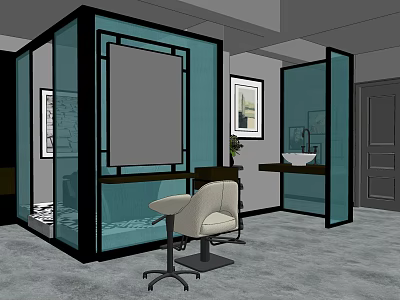 Beauty Salon Interior Design With Glass Partitions Large Mirrors White Salon Chair And Washbasin 3d model