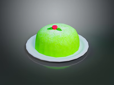 Fresh Green Cake on White Plate with Red Cherry and Green Leaf Topping 3d model