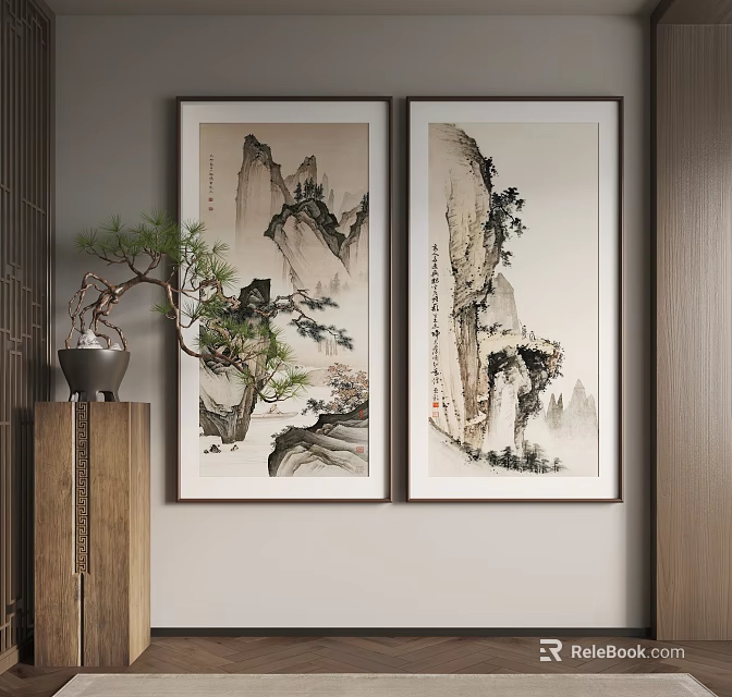 Traditional Chinese Landscape Paintings Featuring Mountains Pine Trees Calligraphy in Wooden Frames Hanging on Wall 3d model 