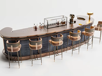 Elegant Curved Bar Counter With High Bar Stools Glass Display And Decorative Bottles 3d model