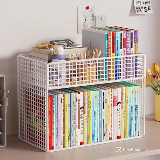 Decorative Items Set On White Grid Shelf With Books Calculator Scissors And Flower Bouquet 3d model 