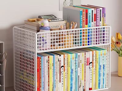 Decorative Items Set On White Grid Shelf With Books Calculator Scissors And Flower Bouquet 3d model