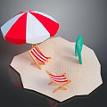 Red And White Striped Sofa Stool On Sandy Ground With Umbrella And Green Sign