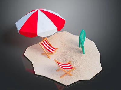 Red And White Striped Sofa Stool On Sandy Ground With Umbrella And Green Sign 3d model