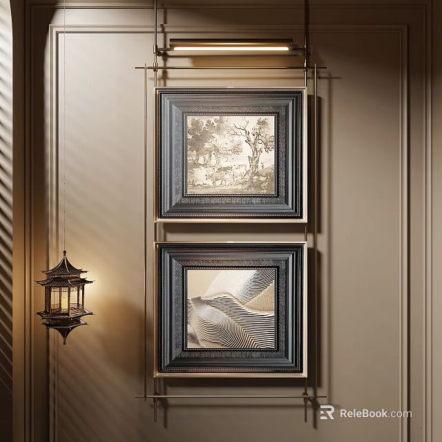 Elegant Abstract Painting Framed Hanging On Beige Wall With Decorative Lantern 3d model 