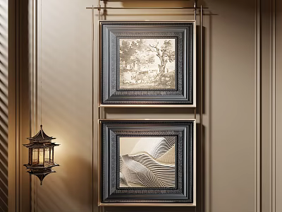 Elegant Abstract Painting Framed Hanging On Beige Wall With Decorative Lantern 3d model