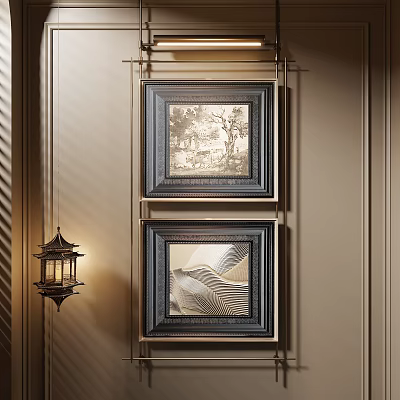 Elegant Abstract Painting Framed Hanging On Beige Wall With Decorative Lantern 3d model