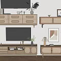 Wooden TV Stand With Modern Design Drawers Decorative Plants Table Lamp And Painting