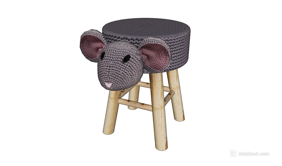 Cute Mouse Shaped Stool With Crocheted Seat And Wooden Legs For Kids Room 3d model 