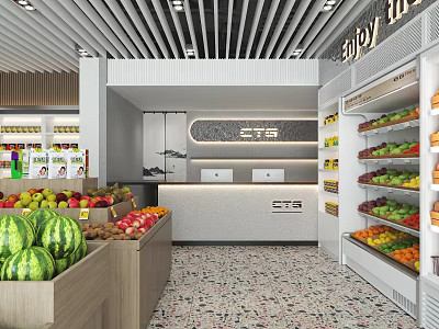 Bright Modern Fruit Store Interior With Fresh Fruit Displays And Organized Shelves 3d model