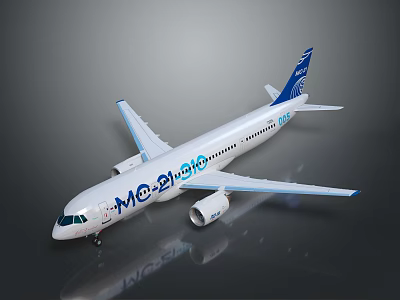 Shiny White Airplane Model With Blue Tail And MO-21 Bio Markings On Glossy Surface 3d model
