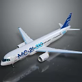 Shiny White Airplane Model With Blue Tail And MO-21 Bio Markings On Glossy Surface