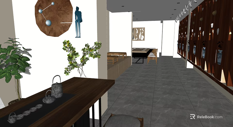 Modern Beauty Hair Salon Interior Design With Wooden Table Green Plants And Chairs 3d model 