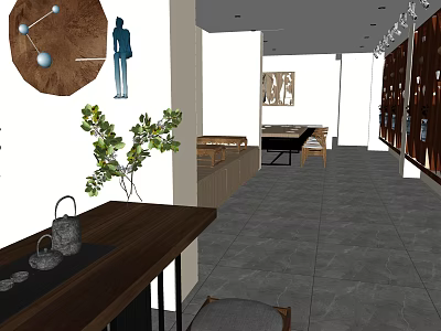 Modern Beauty Hair Salon Interior Design With Wooden Table Green Plants And Chairs 3d model