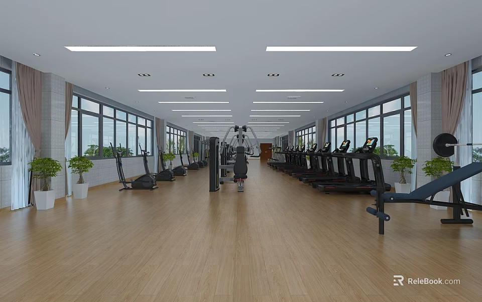 Spacious Modern Gym Interior With Various Fitness Equipment Large Windows And Wooden Flooring 3d model 