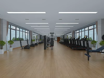 Spacious Modern Gym Interior With Various Fitness Equipment Large Windows And Wooden Flooring 3d model