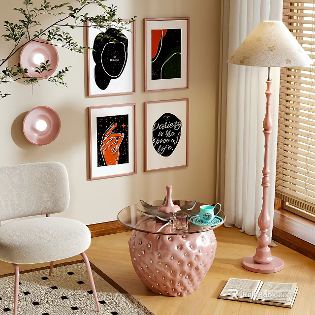 Pink Coffee Table With Glass Top In Living Room With Decorative Posters And Floor Lamp 3d model 